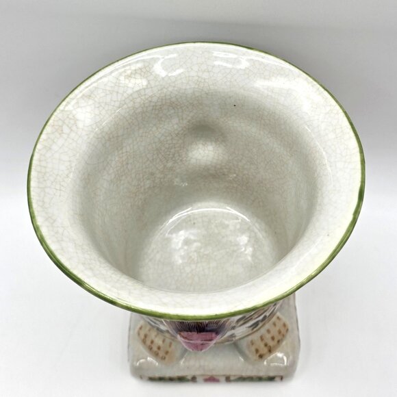 VTG Footed Planter Lion Faces Floral Vase Crackle Crazing Effect Signed Numbered - Picture 5 of 9